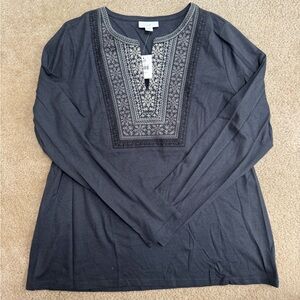 J. Jill Sz S Charcoal Embroidered V-Neck Long Sleeve Tunic